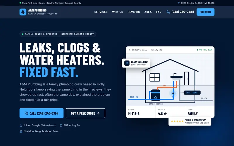 Home page of the A&M Plumbing sample site