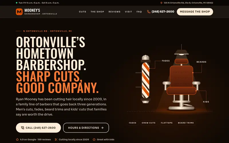 Home page of the Mooney’s Barbershop sample site