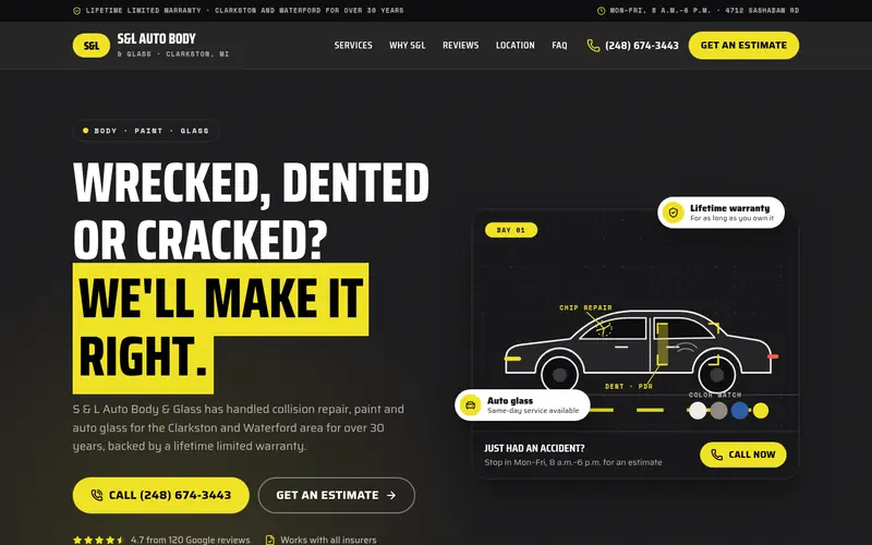 Home page of the S & L Auto Body & Glass sample site
